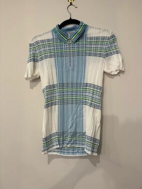 Akris Punto Light Blue, White & Green Striped Zip Polo